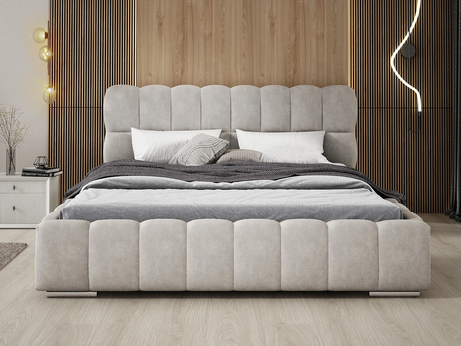 Emporius Avilla lit double 160x200 avec sommier à Lattes, avec rangement - lit rembourré 160 x 200, lit Gris clair (Komodo 20)