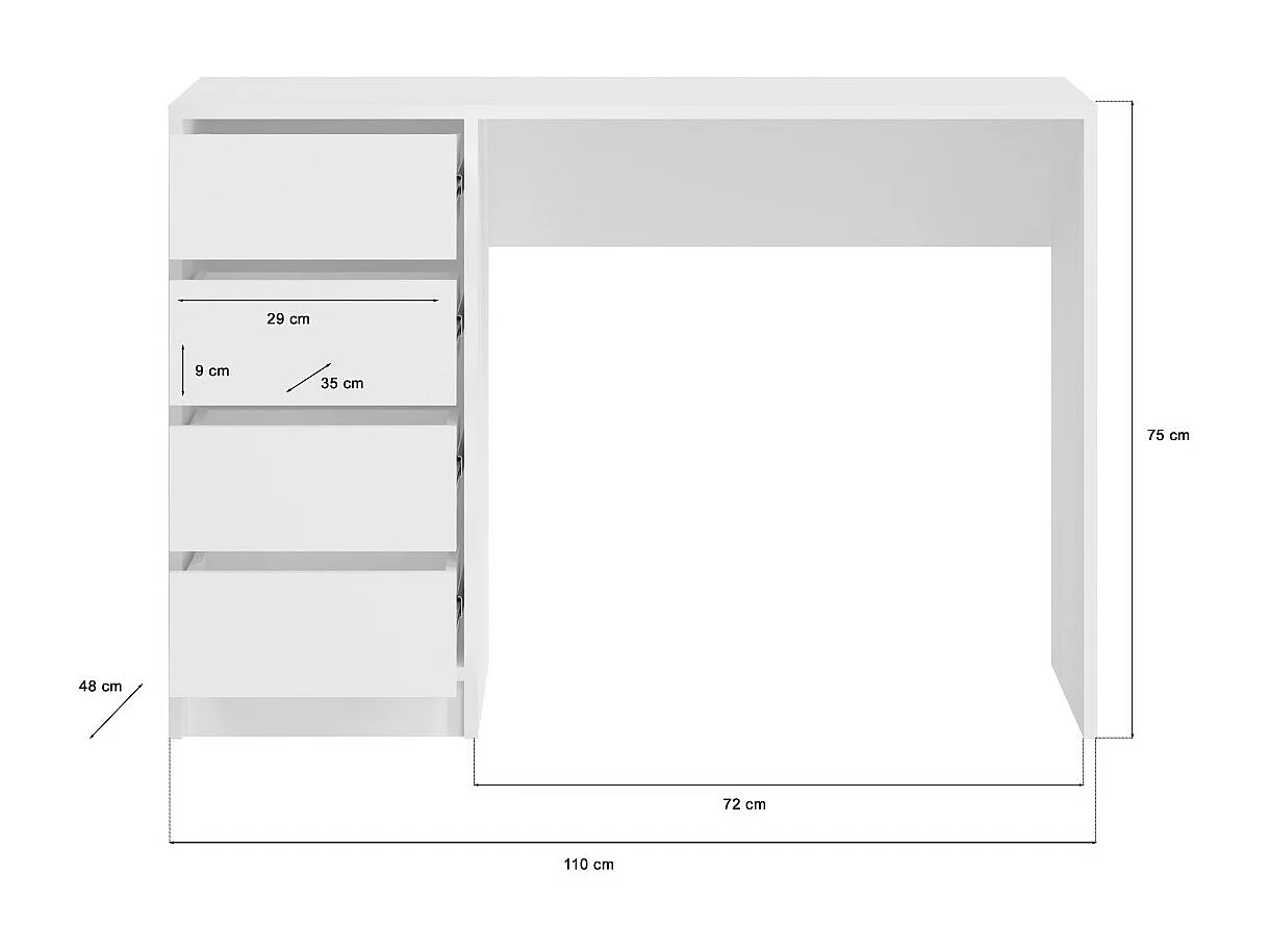 Coiffeuse ESTRELLA blanche sans miroir – 110 cm, 4 tiroirs, style classique