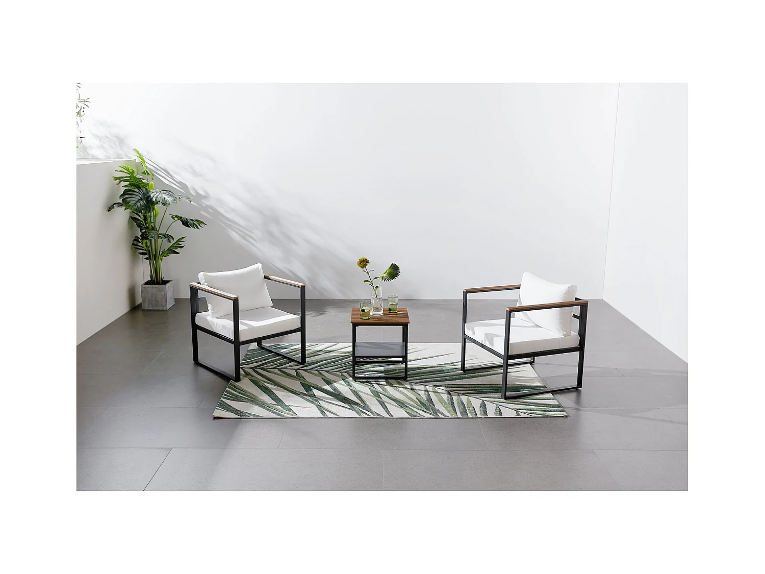 Conjunto de muebles de jardín panorámico de resina tejida en blanco y negro, 8 plazas VIGO