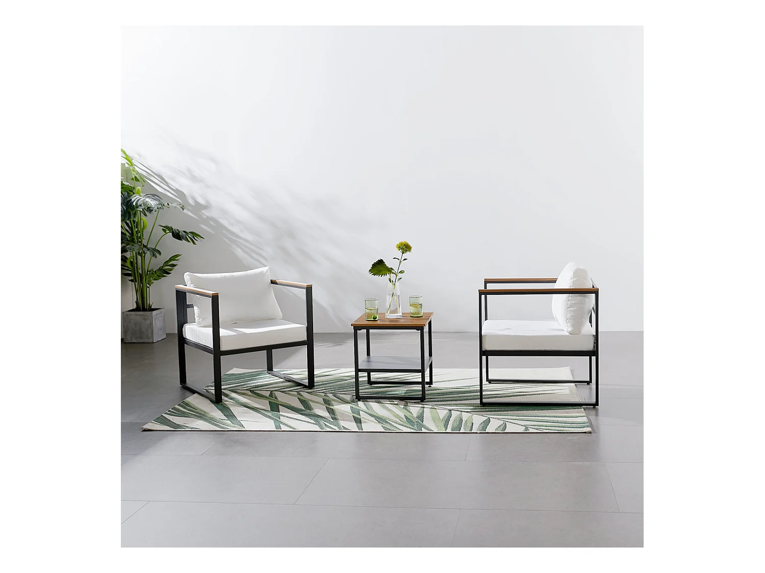 Conjunto de muebles de jardín panorámico de resina tejida en blanco y negro, 8 plazas VIGO