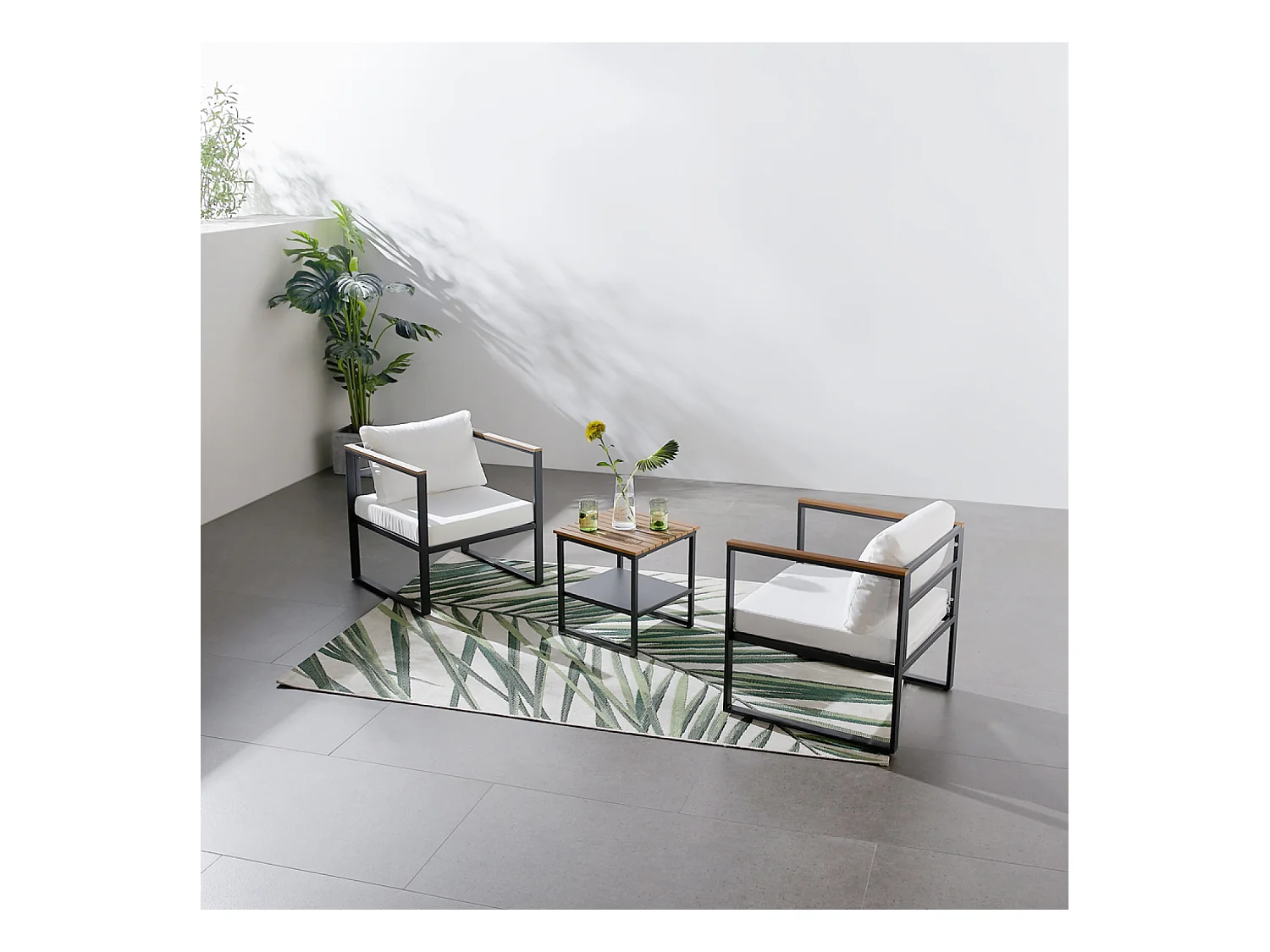 Conjunto de muebles de jardín panorámico de resina tejida en blanco y negro, 8 plazas VIGO