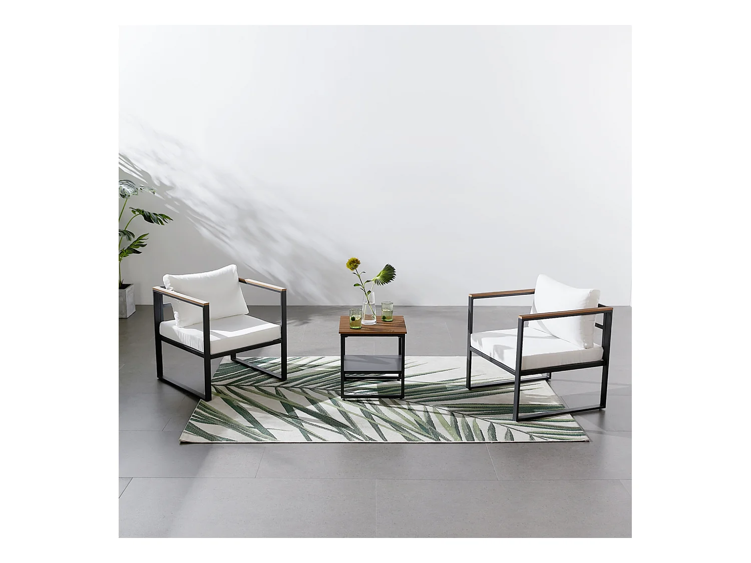 Conjunto de muebles de jardín panorámico de resina tejida en blanco y negro, 8 plazas VIGO