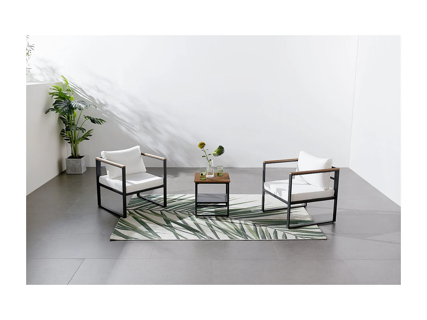 Conjunto de muebles de jardín panorámico de resina tejida en blanco y negro, 8 plazas VIGO