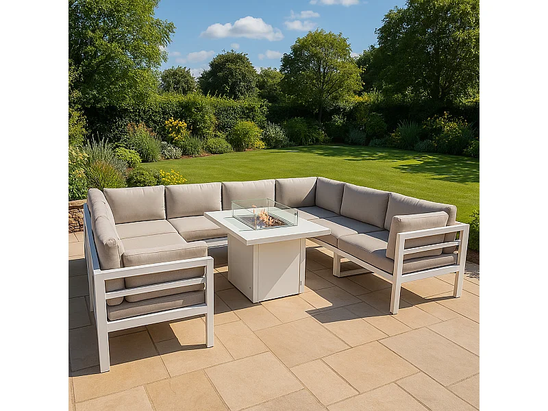 Modulares Gartenmöbel Set Groß Weiß 8-Sitzer U-Form Kissen-Sofa & Tisch mit Gas-Feuerstelle 9-teiliges Aluminium Lounge Sitz- und Essbereich mit Regenabdeckung