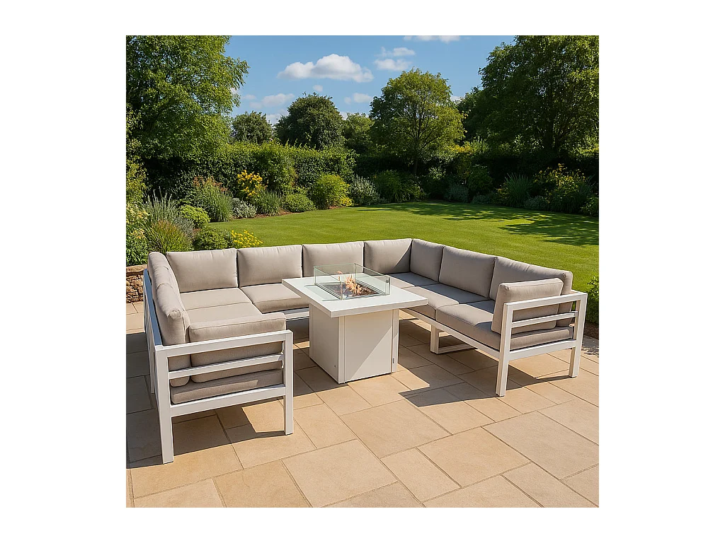 Modulares Gartenmöbel Set Groß Weiß 8-Sitzer U-Form Kissen-Sofa & Tisch mit Gas-Feuerstelle 9-teiliges Aluminium Lounge Sitz- und Essbereich mit Regenabdeckung