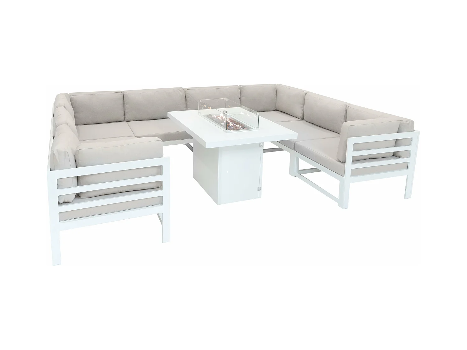 Modulares Gartenmöbel Set Groß Weiß 8-Sitzer U-Form Kissen-Sofa & Tisch mit Gas-Feuerstelle 9-teiliges Aluminium Lounge Sitz- und Essbereich mit Regenabdeckung