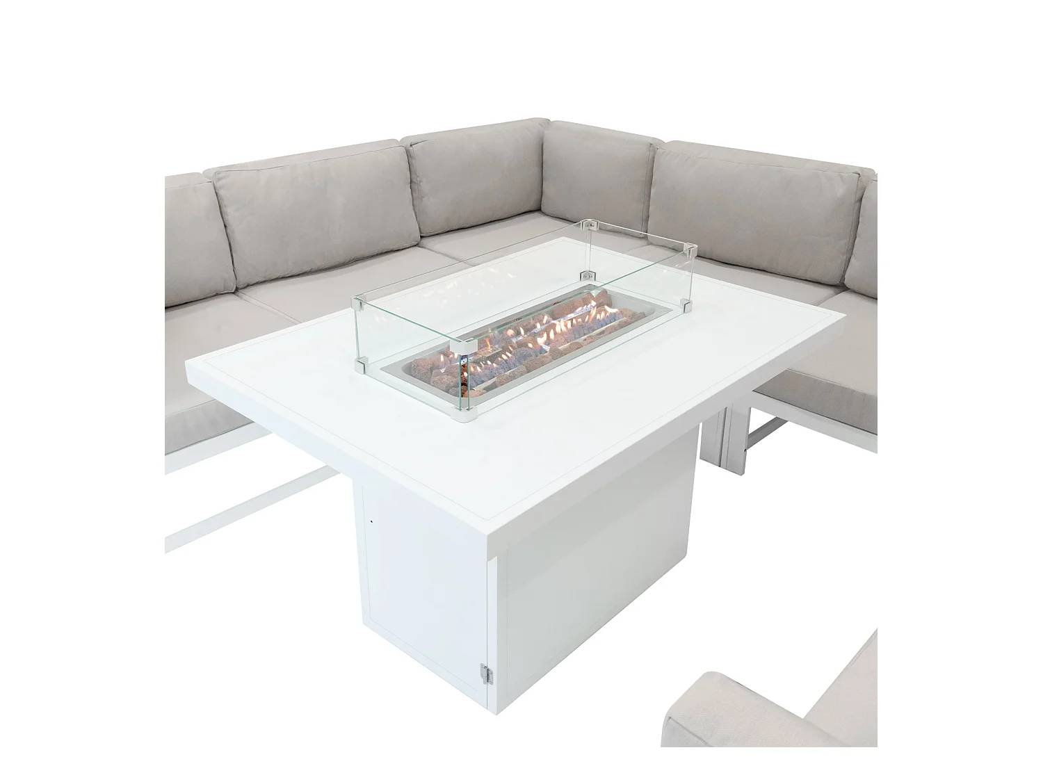 Modulares Gartenmöbel Set Groß Weiß 8-Sitzer U-Form Kissen-Sofa & Tisch mit Gas-Feuerstelle 9-teiliges Aluminium Lounge Sitz- und Essbereich mit Regenabdeckung