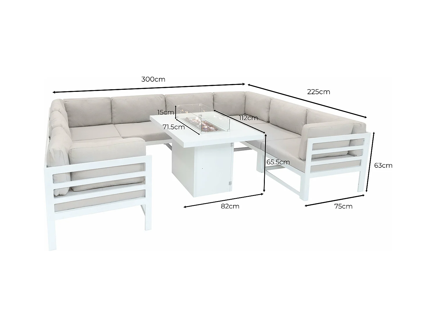 Modulares Gartenmöbel Set Groß Weiß 8-Sitzer U-Form Kissen-Sofa & Tisch mit Gas-Feuerstelle 9-teiliges Aluminium Lounge Sitz- und Essbereich mit Regenabdeckung