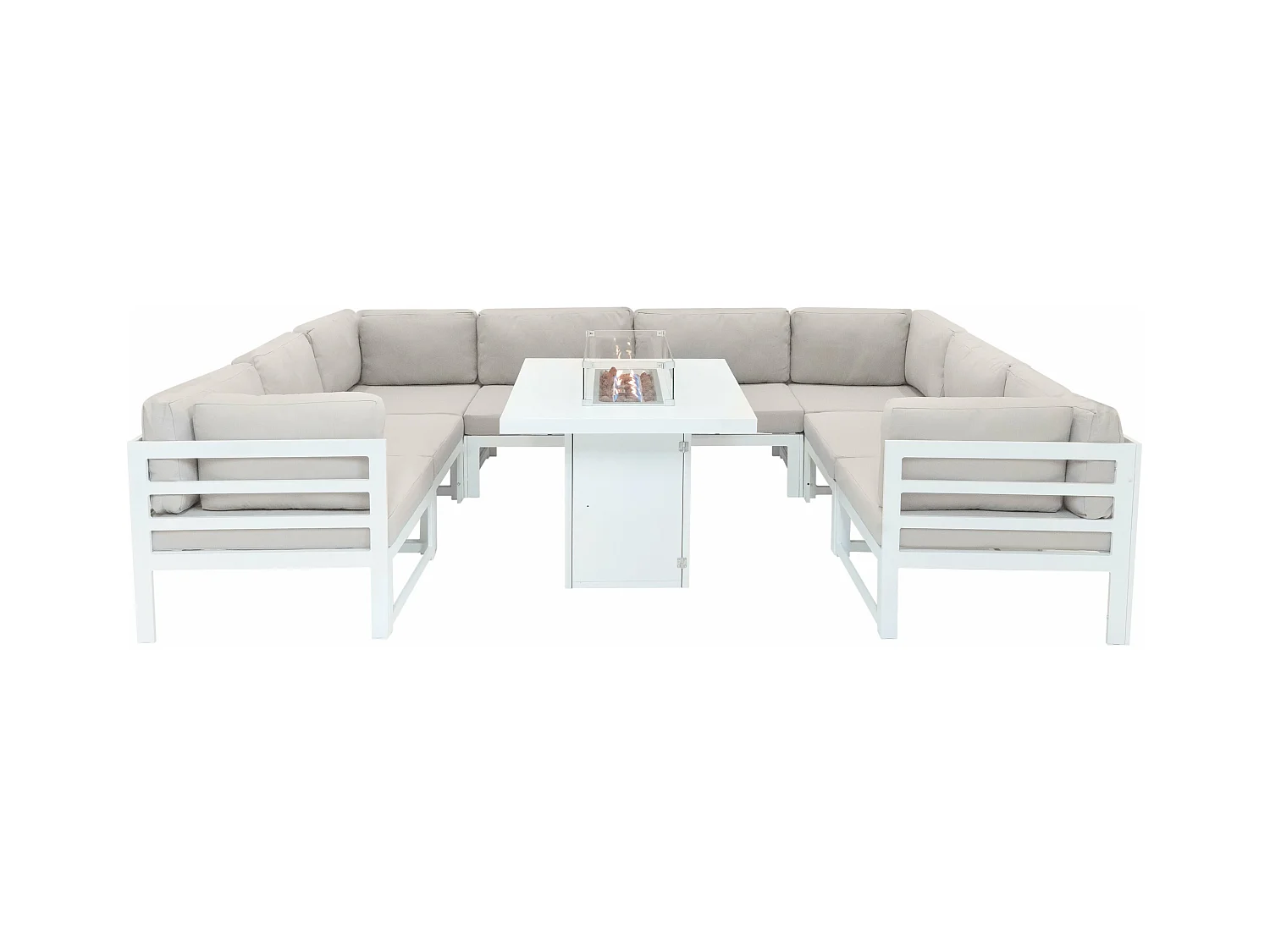 Modulares Gartenmöbel Set Groß Weiß 8-Sitzer U-Form Kissen-Sofa & Tisch mit Gas-Feuerstelle 9-teiliges Aluminium Lounge Sitz- und Essbereich mit Regenabdeckung