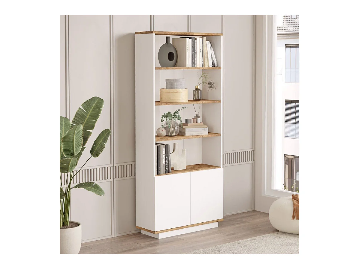 Bibliothèque 2 portes et 4 tablettes décor pin atlantique et blanc H168,3 cm