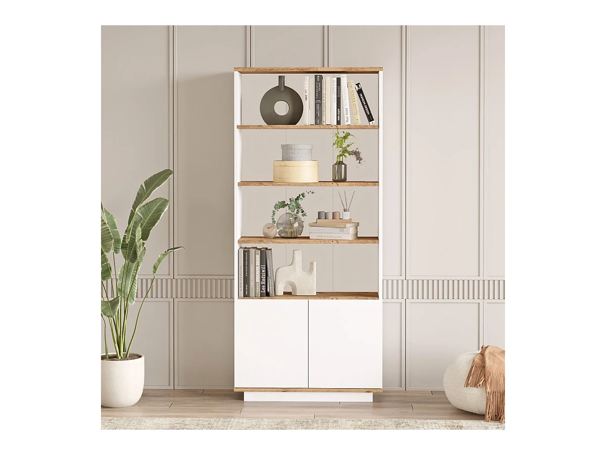 Bibliothèque 2 portes et 4 tablettes décor pin atlantique et blanc H168,3 cm