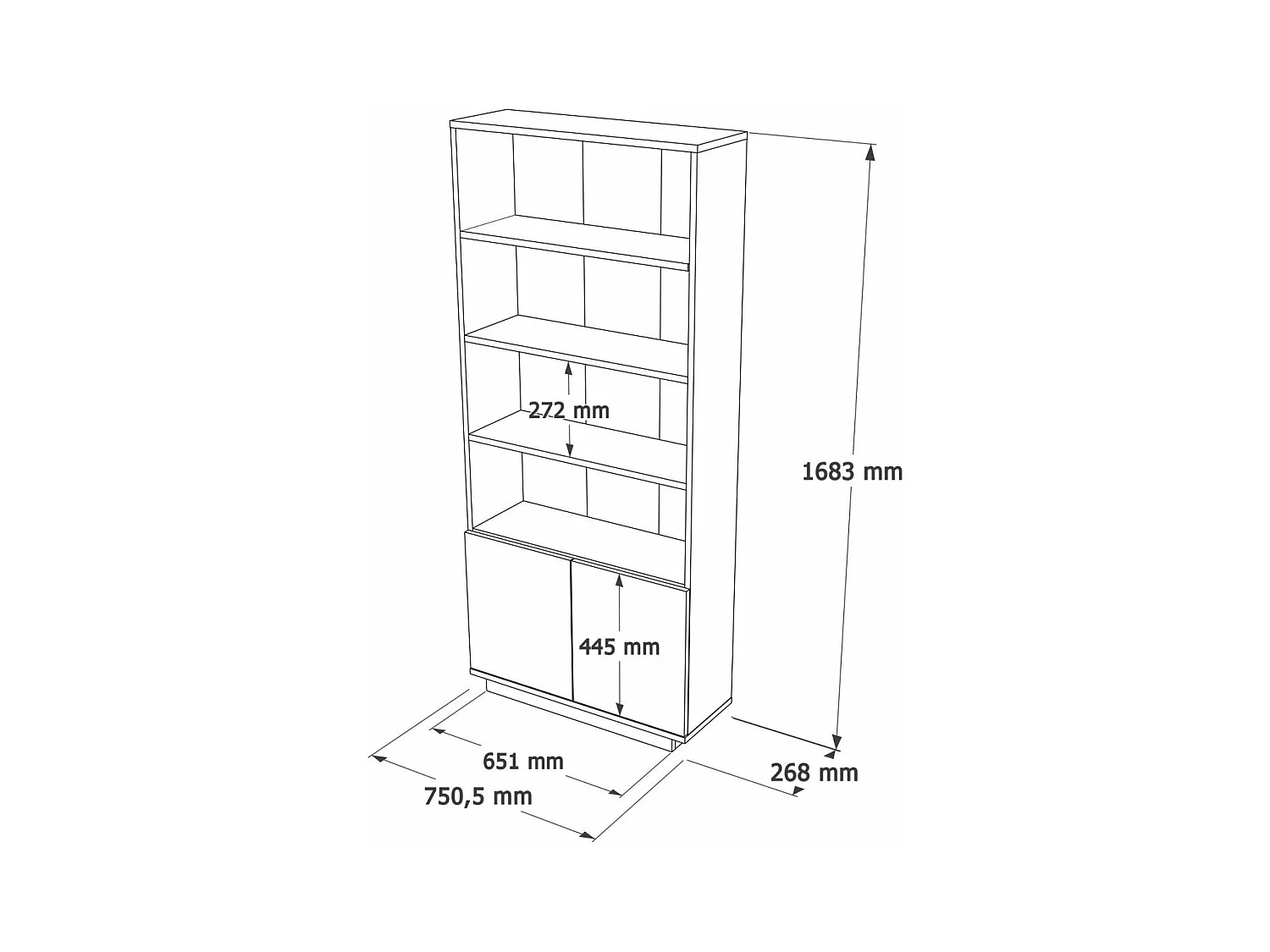 Bibliothèque 2 portes et 4 tablettes décor pin atlantique et blanc H168,3 cm