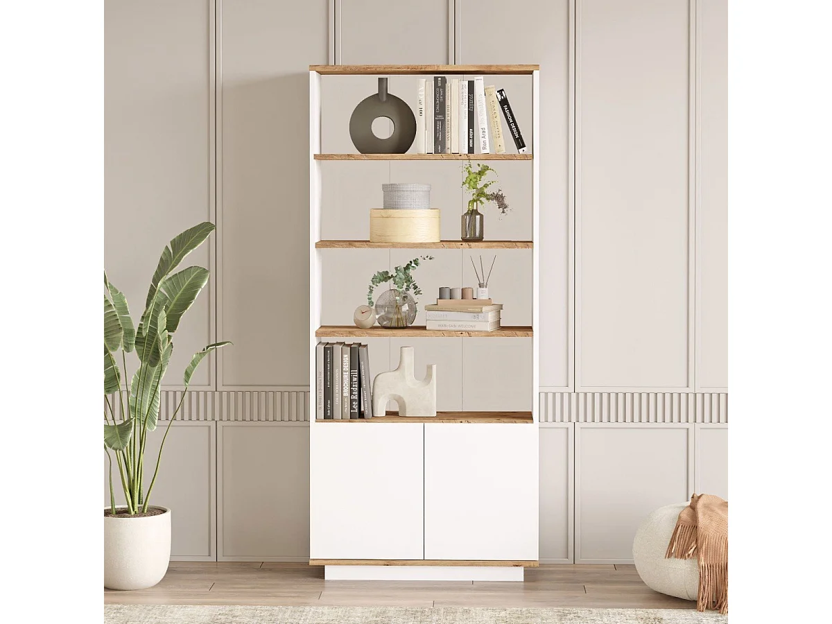 Bücherregal mit 2 Türen und 4 Ablagen in Atlantik-Kiefer und Weiß H168,3 cm