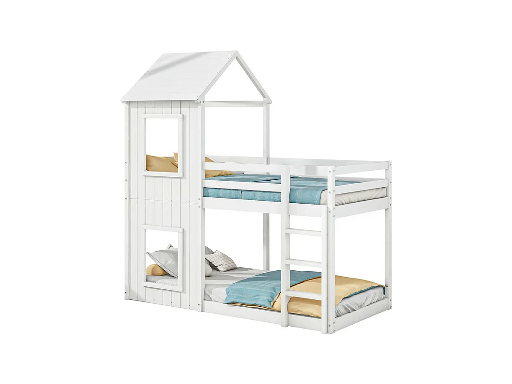 Lits superposés enfant 2 x 90 x 200 cm - avec échelle et garde-corps - charge max 120kg - Pin - Blanc