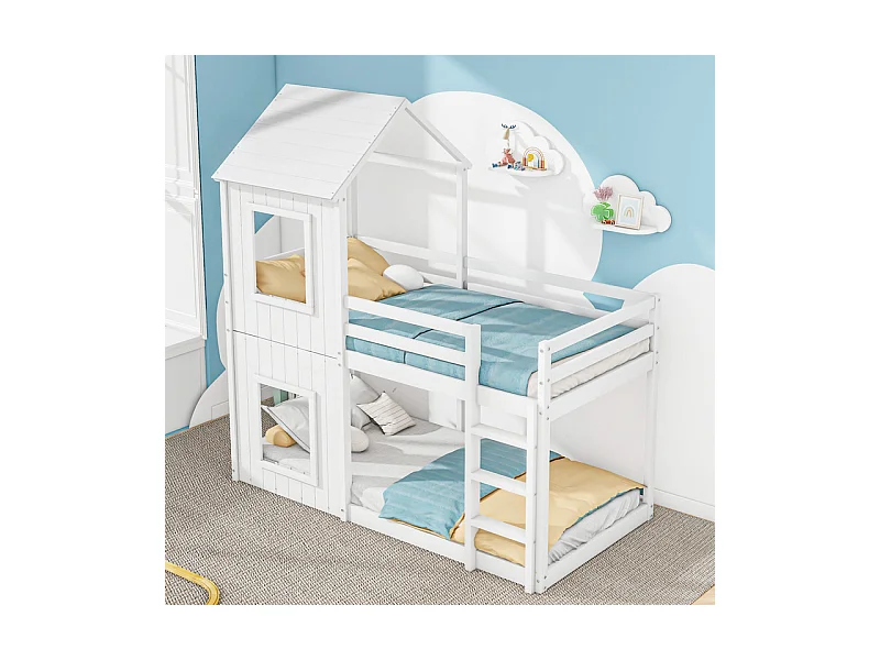 Lits superposés enfant 2 x 90 x 200 cm - avec échelle et garde-corps - charge max 120kg - Pin - Blanc