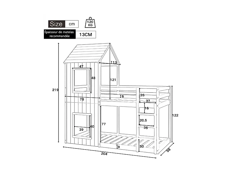 Lits superposés enfant 2 x 90 x 200 cm - avec échelle et garde-corps - charge max 120kg - Pin - Blanc