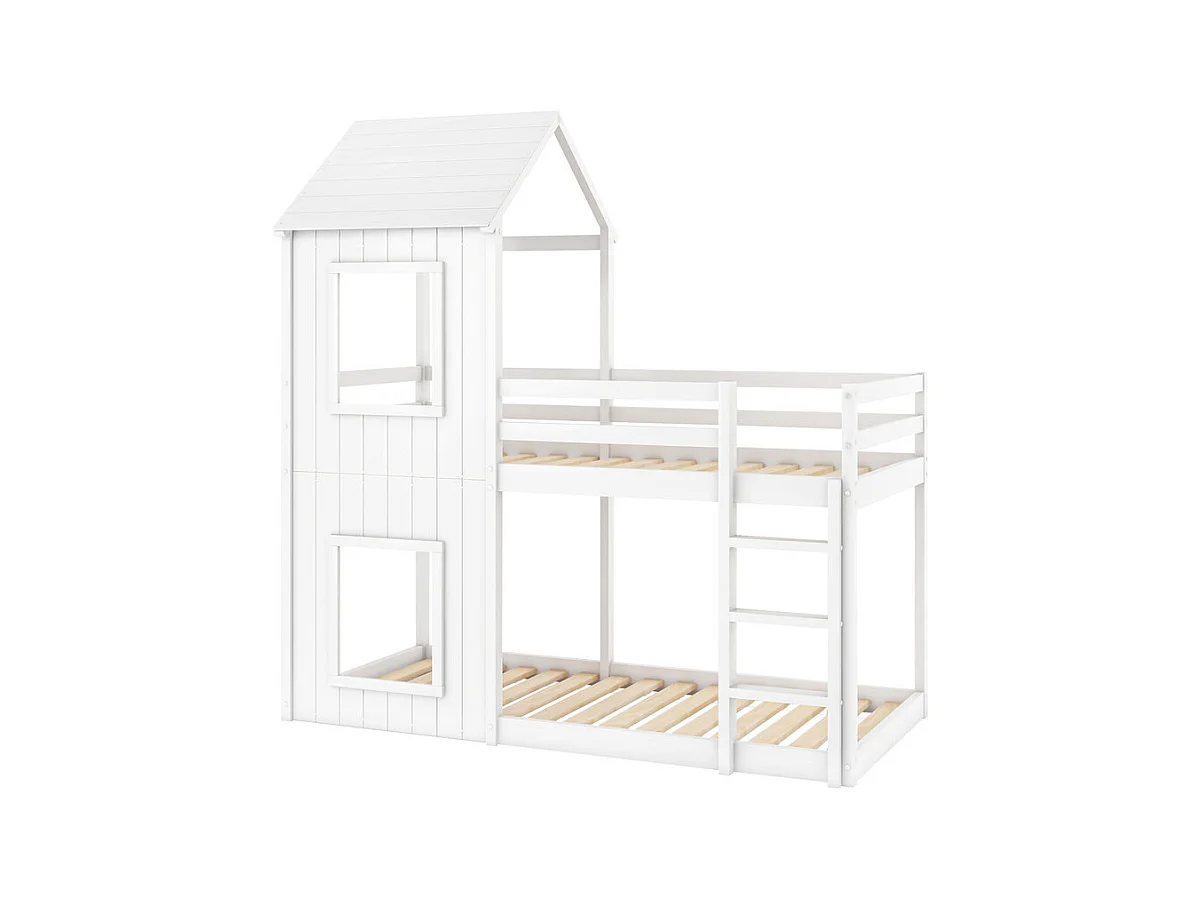 Lits superposés enfant 2 x 90 x 200 cm - avec échelle et garde-corps - charge max 120kg - Pin - Blanc