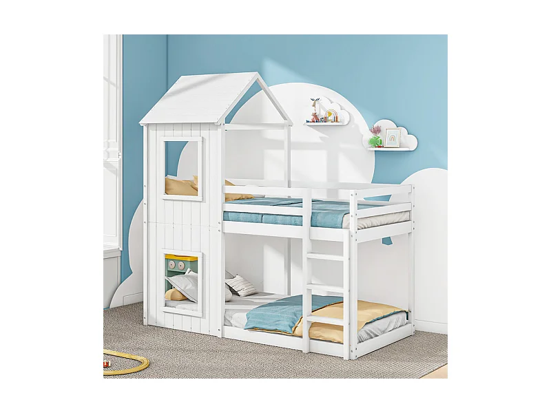 Lits superposés enfant 2 x 90 x 200 cm - avec échelle et garde-corps - charge max 120kg - Pin - Blanc