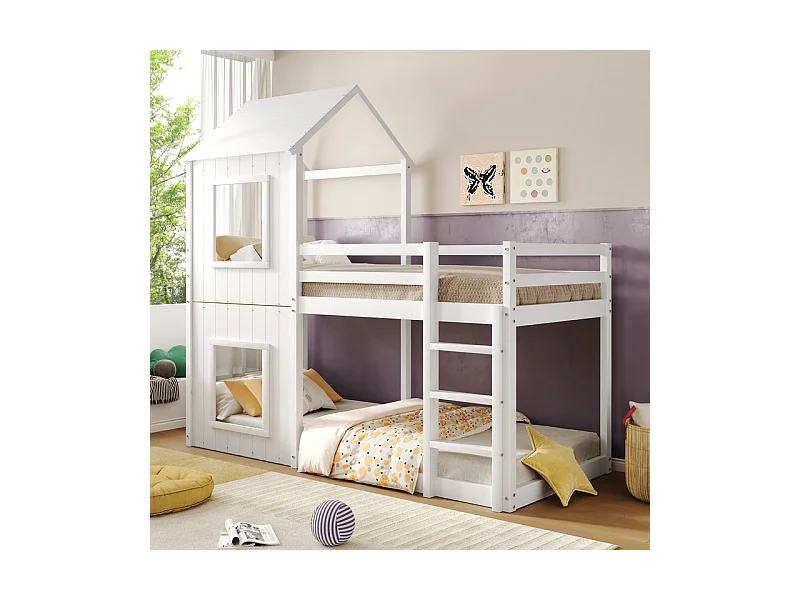 Lits superposés enfant 2 x 90 x 200 cm - avec échelle et garde-corps - charge max 120kg - Pin - Blanc