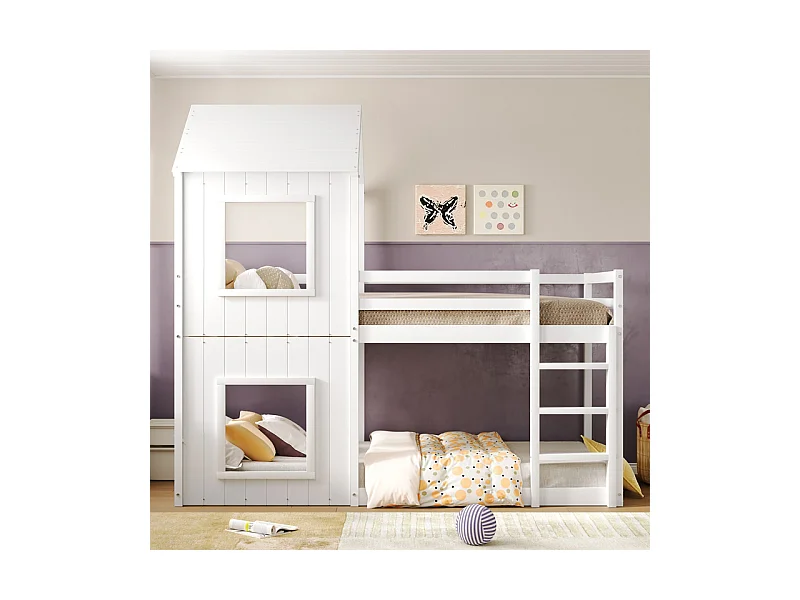 Lits superposés enfant 2 x 90 x 200 cm - avec échelle et garde-corps - charge max 120kg - Pin - Blanc