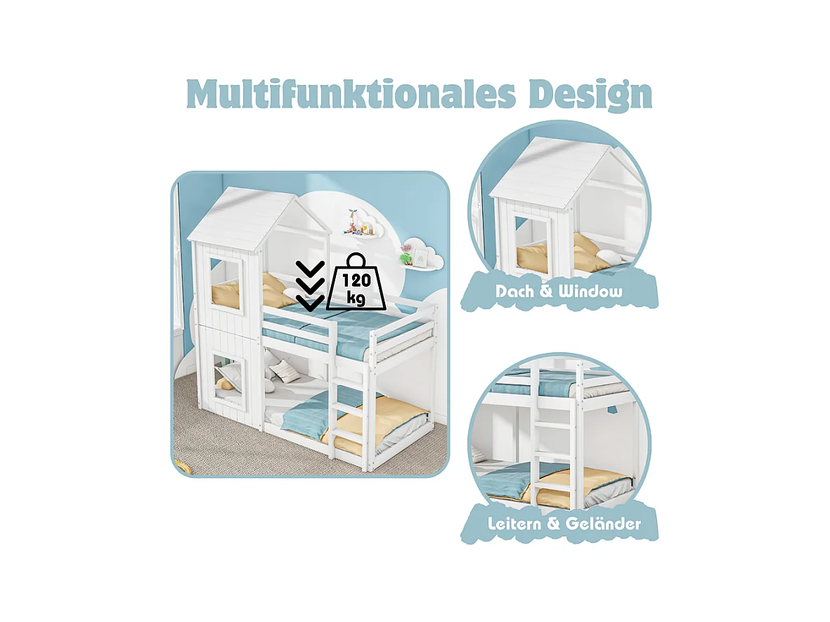 Lits superposés enfant 2 x 90 x 200 cm - avec échelle et garde-corps - charge max 120kg - Pin - Blanc