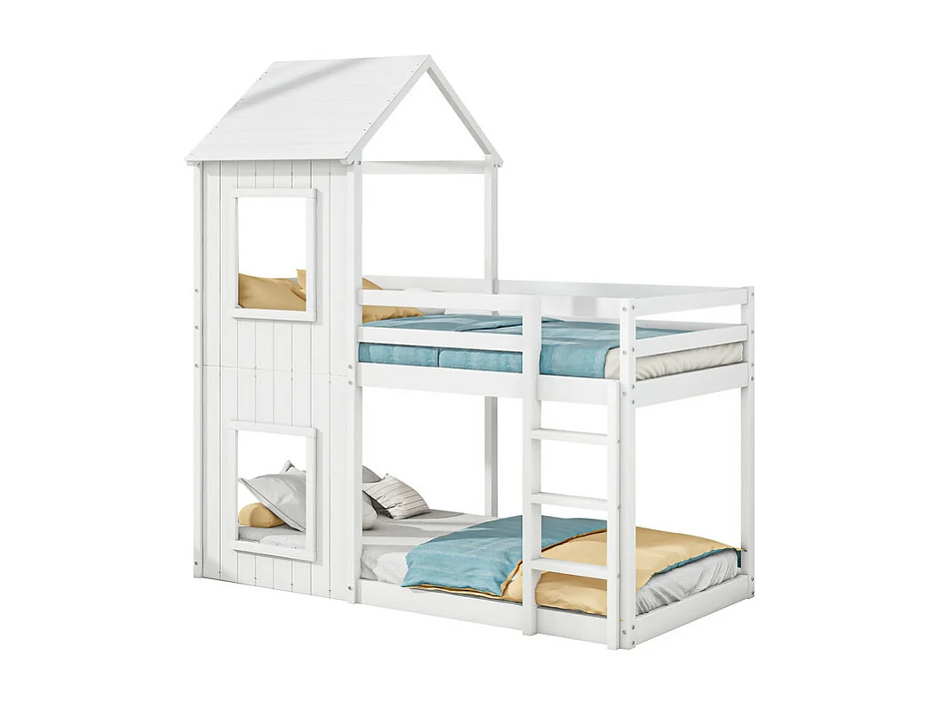 Lits superposés enfant 2 x 90 x 200 cm - avec échelle et garde-corps - charge max 120kg - Pin - Blanc