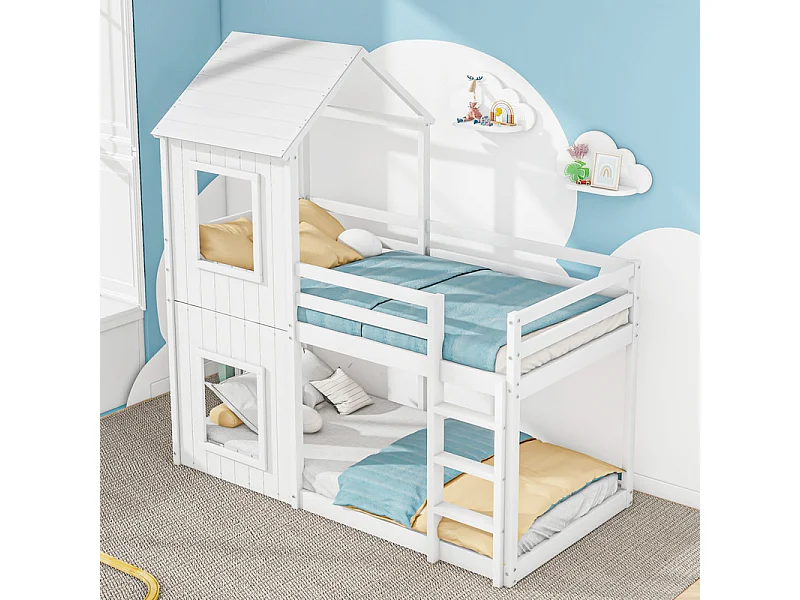 Lits superposés enfant 2 x 90 x 200 cm - avec échelle et garde-corps - charge max 120kg - Pin - Blanc