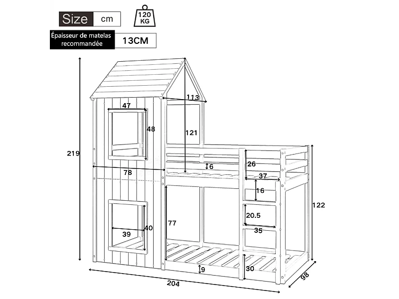 Lits superposés enfant 2 x 90 x 200 cm - avec échelle et garde-corps - charge max 120kg - Pin - Blanc