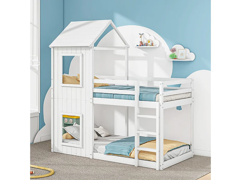 Lits superposés enfant 2 x 90 x 200 cm - avec échelle et garde-corps - charge max 120kg - Pin - Blanc