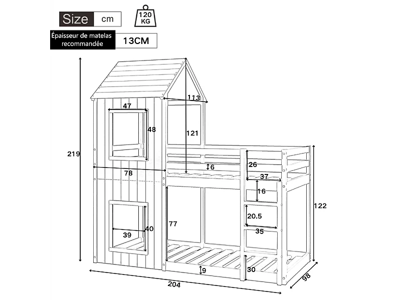 Letti a castello bambini 2 x 90 x 200 cm - con scala e spondina - carico max 120 kg - Pino - Bianco