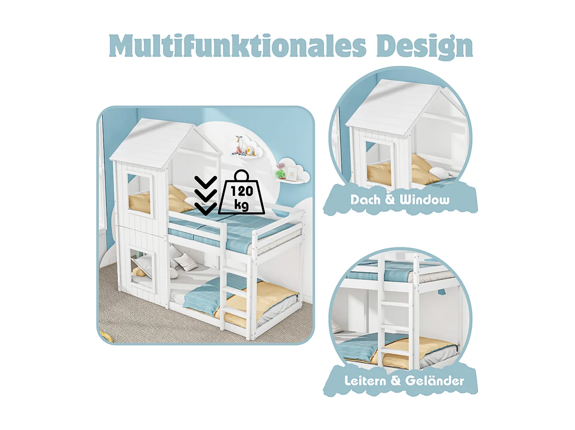 Letti a castello bambini 2 x 90 x 200 cm - con scala e spondina - carico max 120 kg - Pino - Bianco