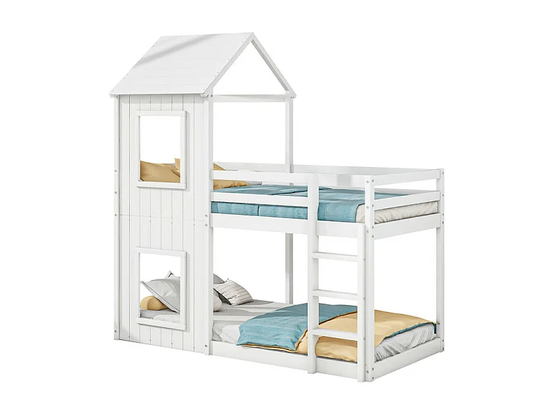 Lits superposés enfant 2 x 90 x 200 cm - avec échelle et garde-corps - charge max 120kg - Pin - Blanc