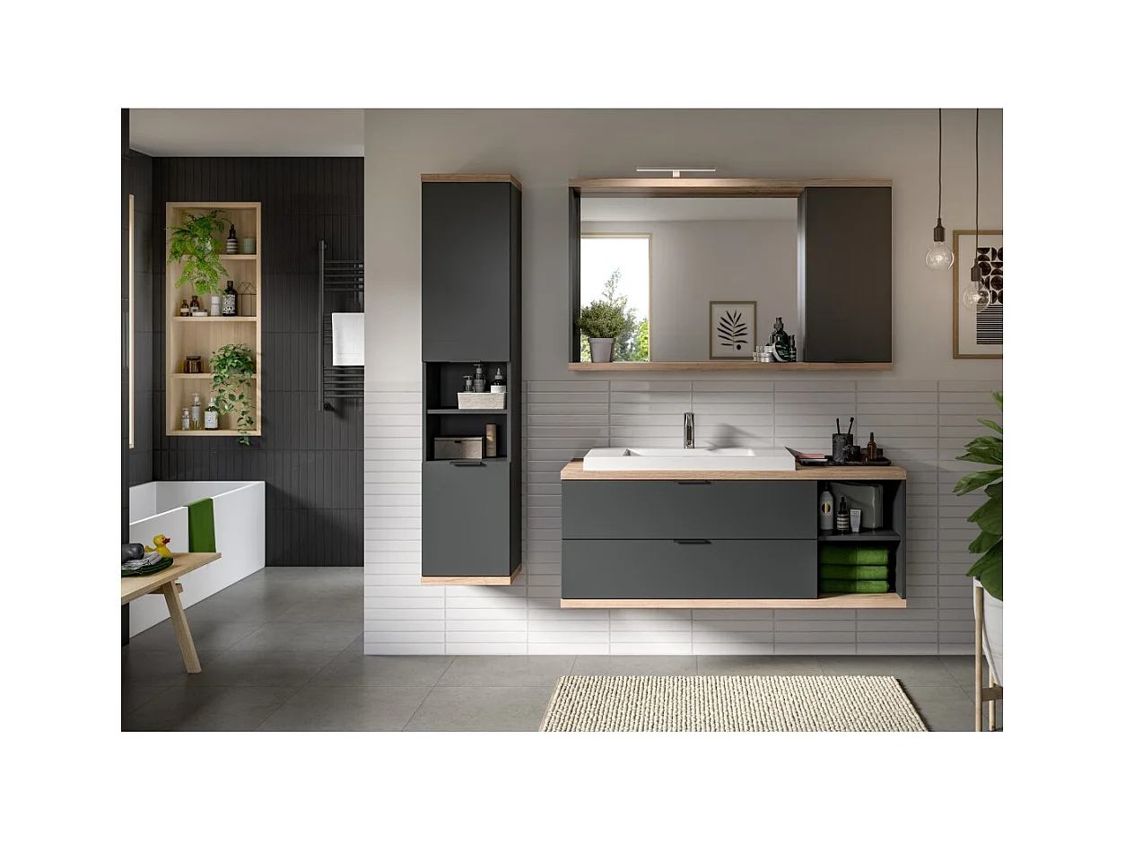 Meuble sous vasque NOYA gris à suspendre – 2 tiroirs + niche, 130 cm, sans vasque