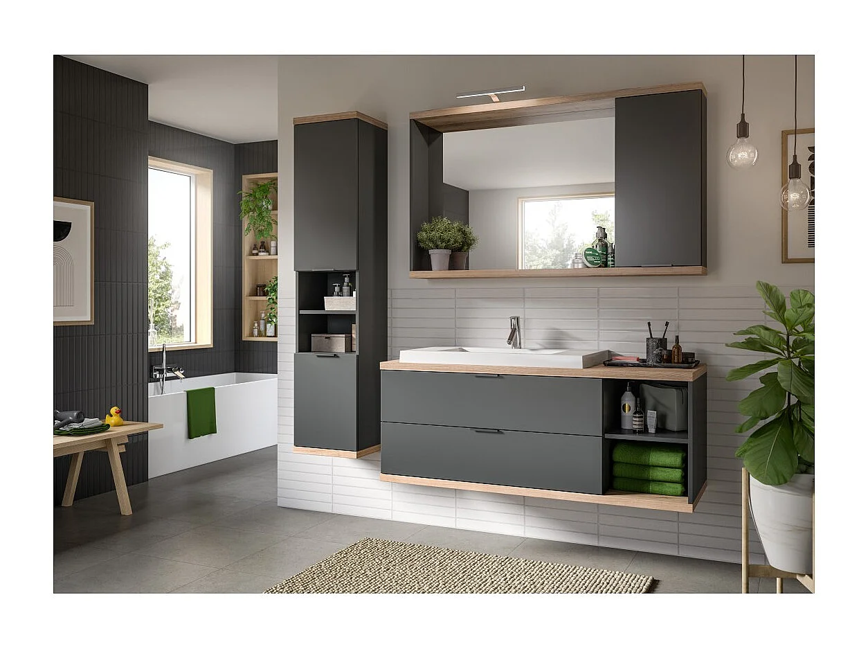 Meuble sous vasque NOYA gris à suspendre – 2 tiroirs + niche, 130 cm, sans vasque