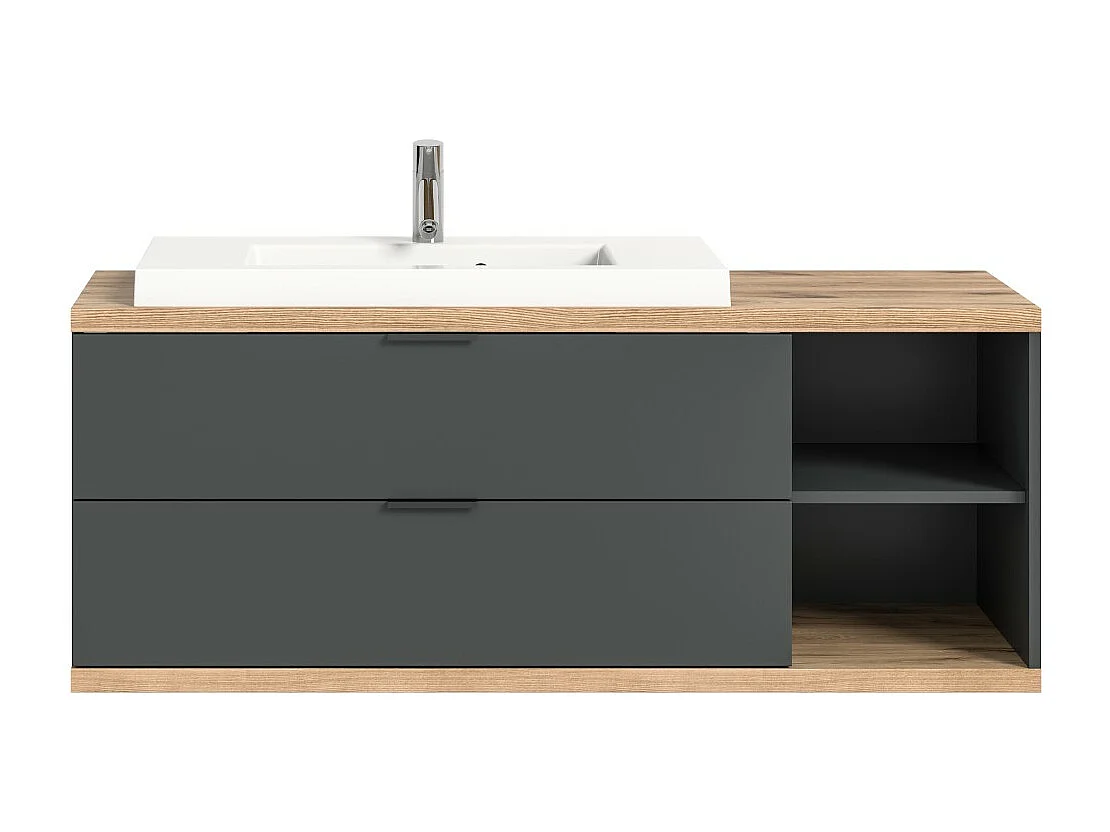 Meuble sous vasque NOYA gris à suspendre – 2 tiroirs + niche, 130 cm, sans vasque