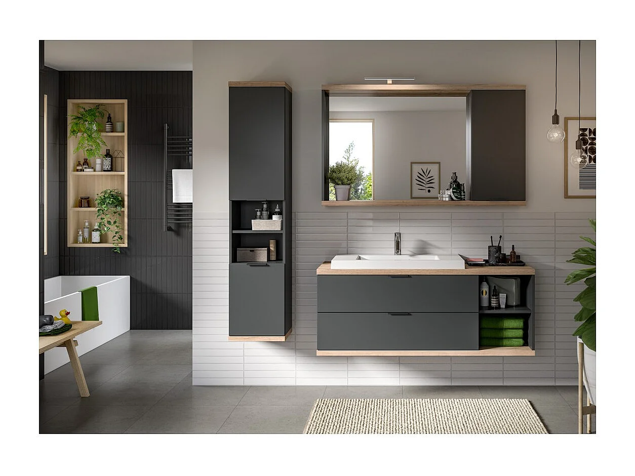 Meuble sous vasque NOYA gris à suspendre – 2 tiroirs + niche, 130 cm, sans vasque