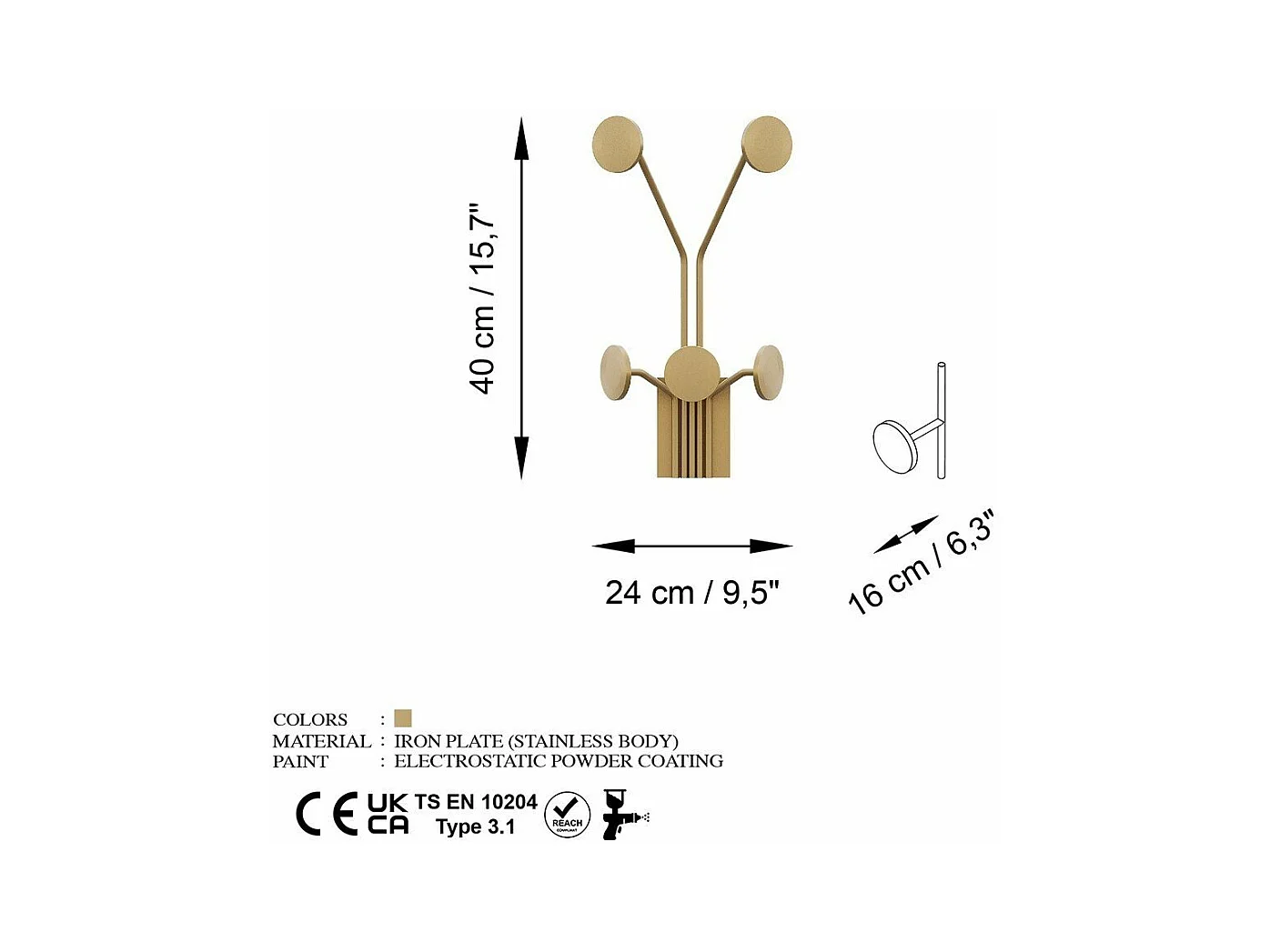 Kapstok voor aan de muur met 5 haken in goudkleurig metaal H40 cm – GIRAFFE