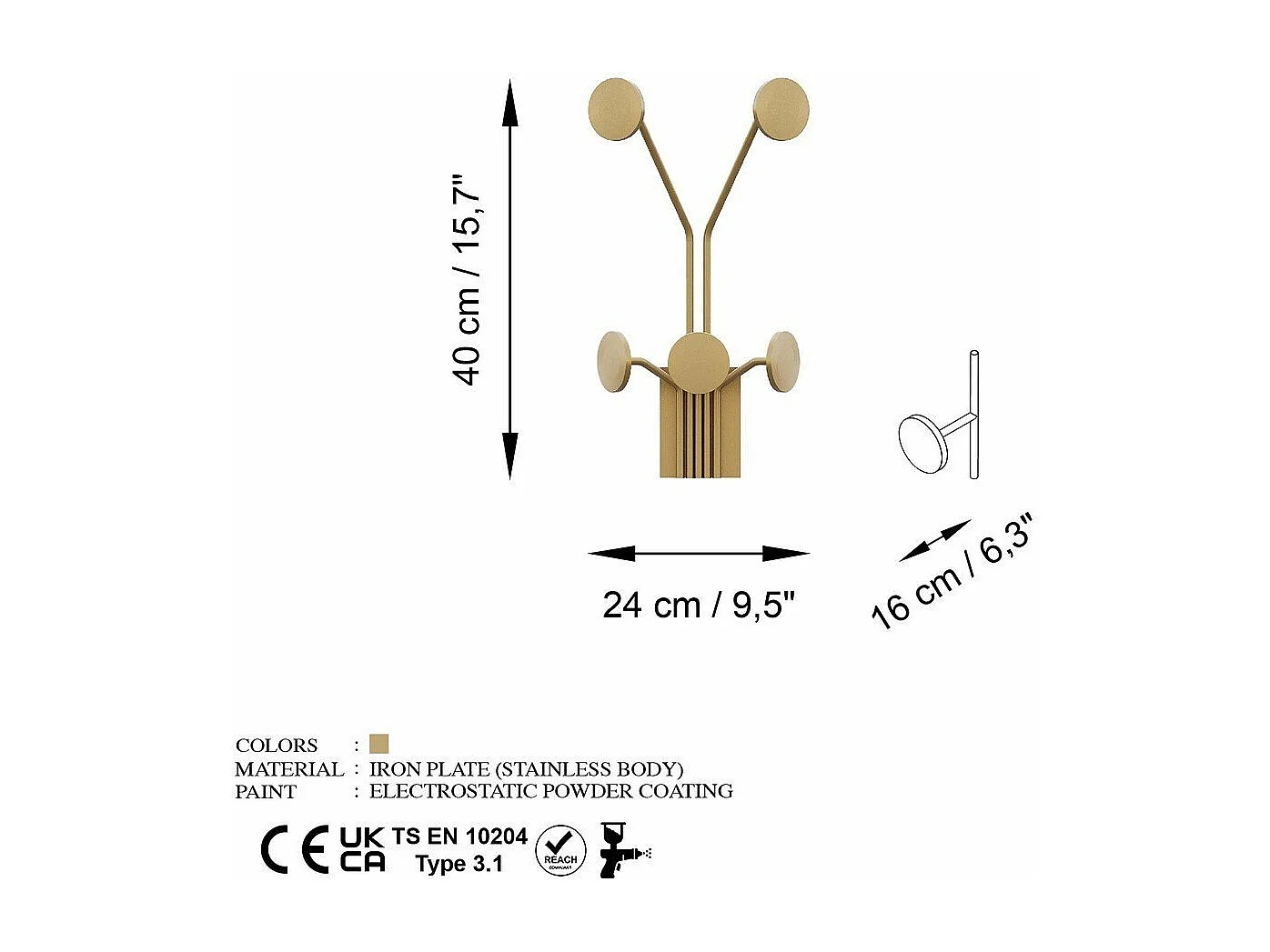 Porte manteaux mural 5 patères en métal doré H40 cm - GIRAFFE