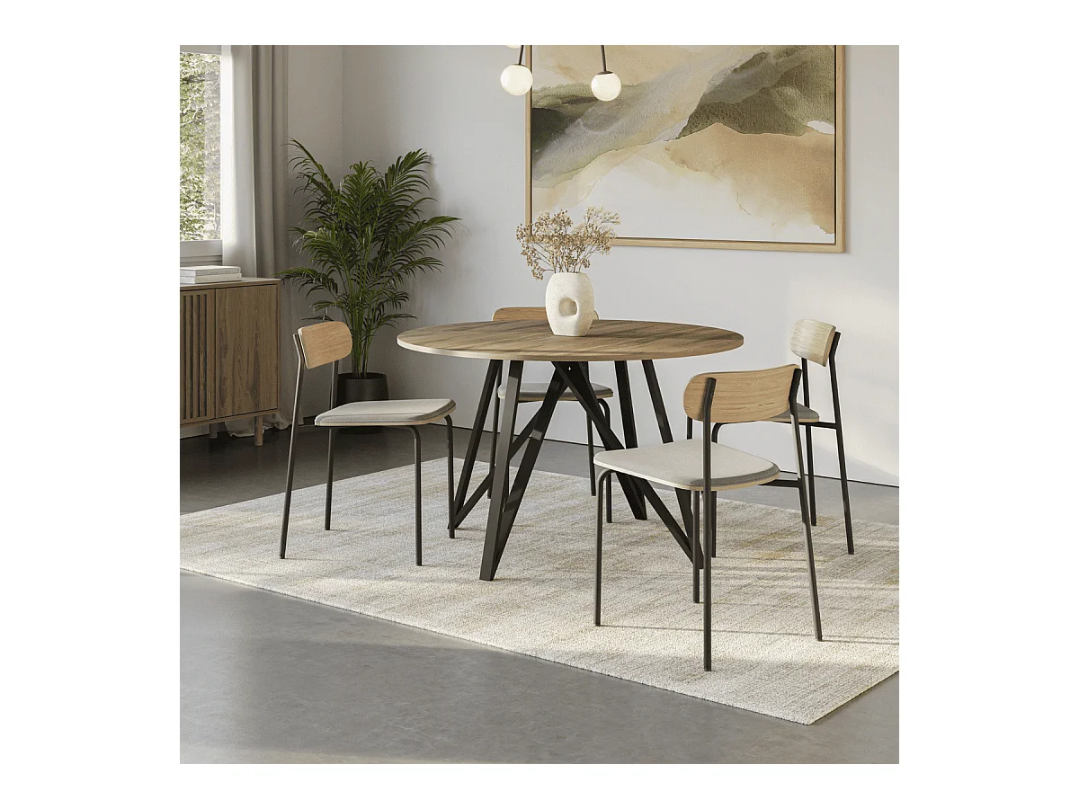 Table ronde décor chêne et pieds noir L130 cm - SALMA