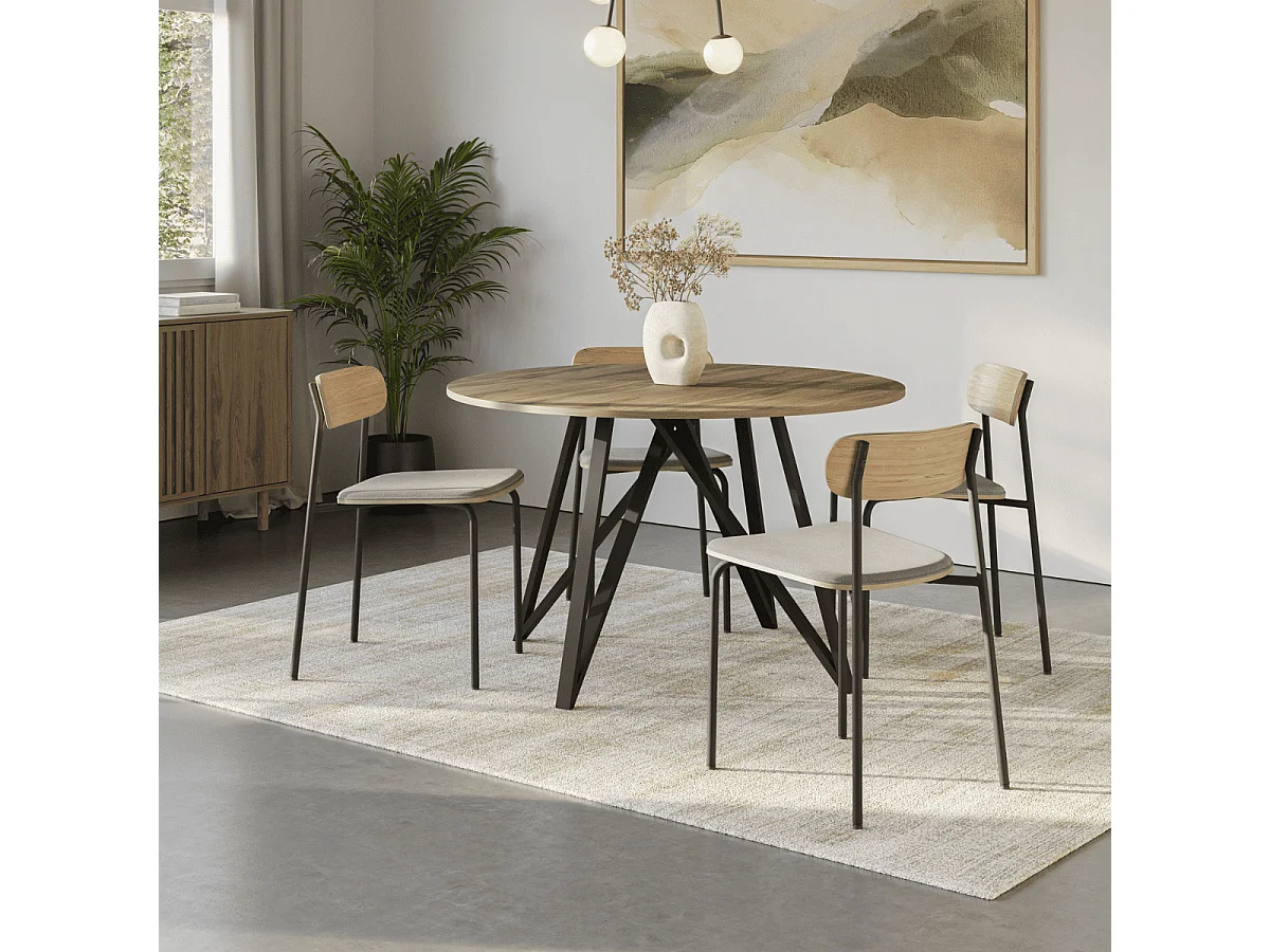 Table ronde décor chêne et pieds noir L130 cm - SALMA
