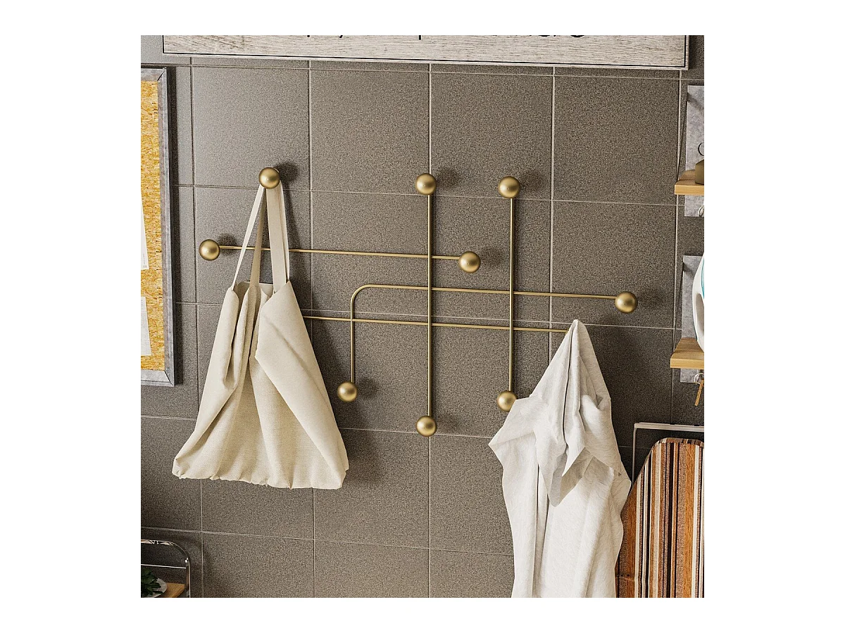 Porte manteaux mural 9 patères en métal doré H64 cm - SAMARA