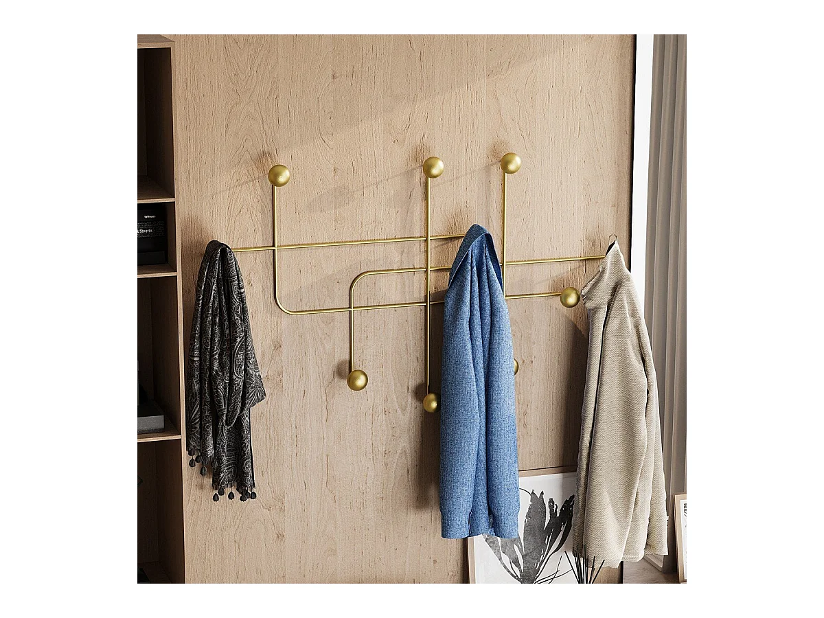 Porte manteaux mural 9 patères en métal doré H64 cm - SAMARA