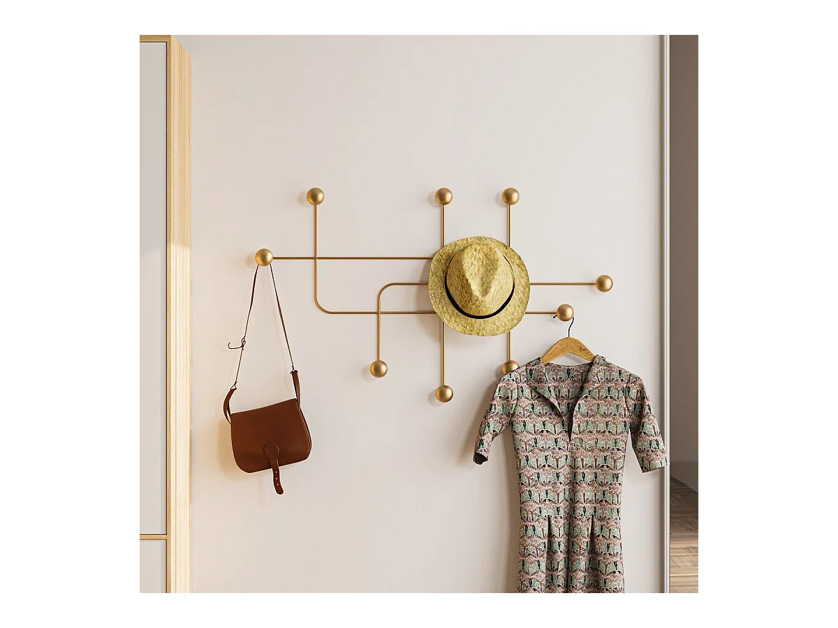 Porte manteaux mural 9 patères en métal doré H64 cm - SAMARA