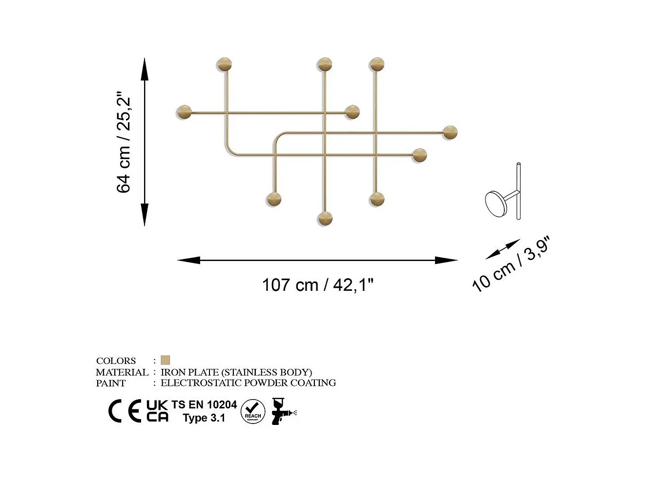 Porte manteaux mural 9 patères en métal doré H64 cm - SAMARA