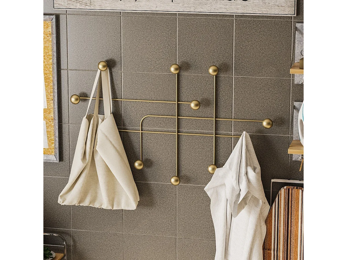 Porte manteaux mural 9 patères en métal doré H64 cm - SAMARA