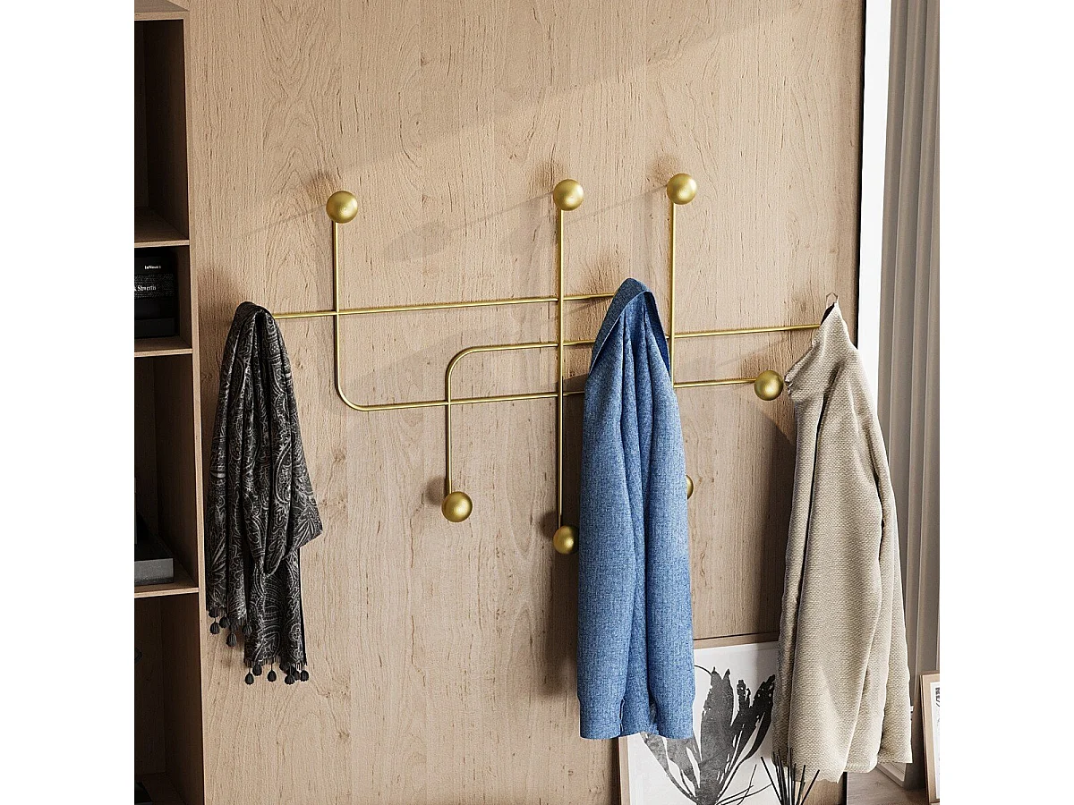 Porte manteaux mural 9 patères en métal doré H64 cm - SAMARA