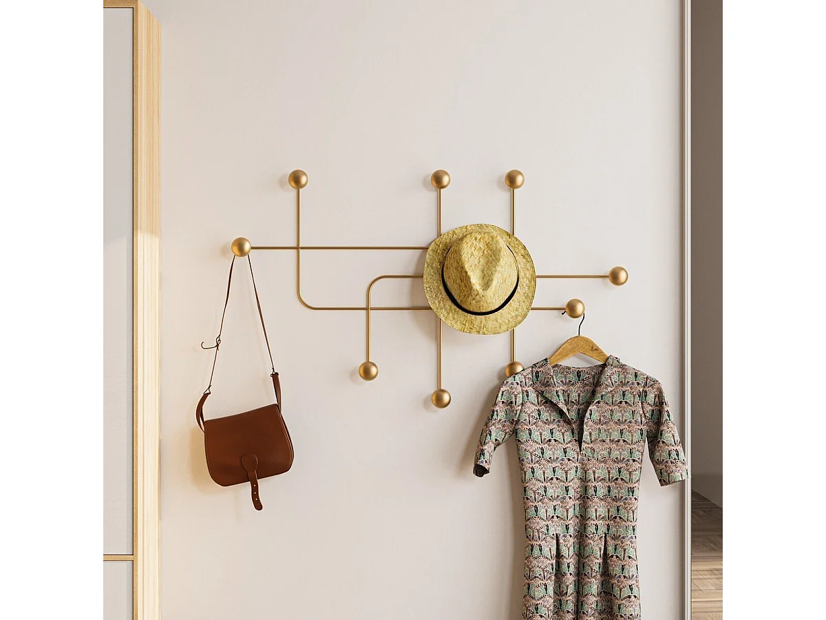 Porte manteaux mural 9 patères en métal doré H64 cm - SAMARA