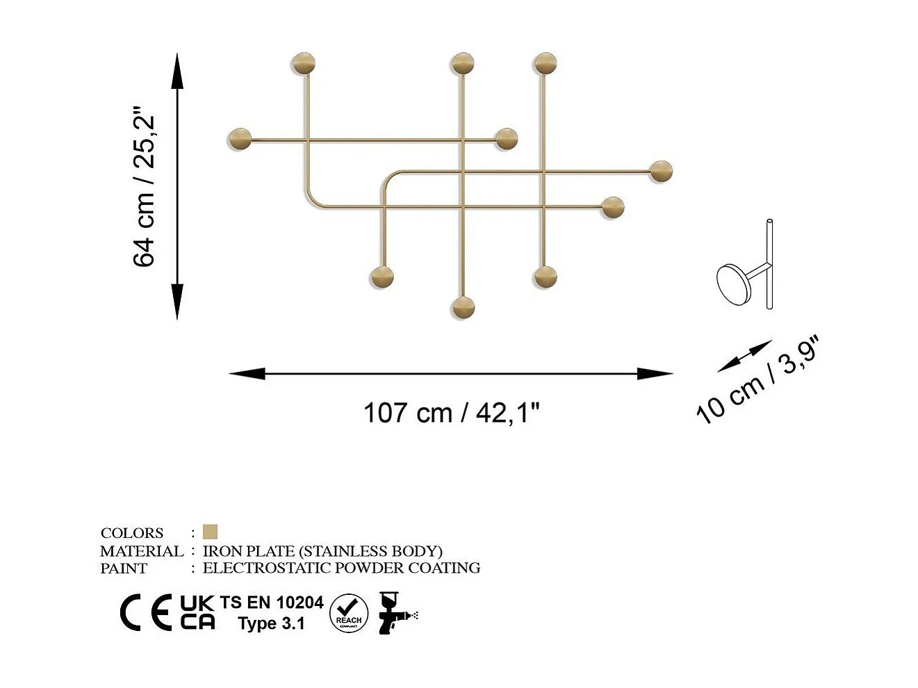 Porte manteaux mural 9 patères en métal doré H64 cm - SAMARA