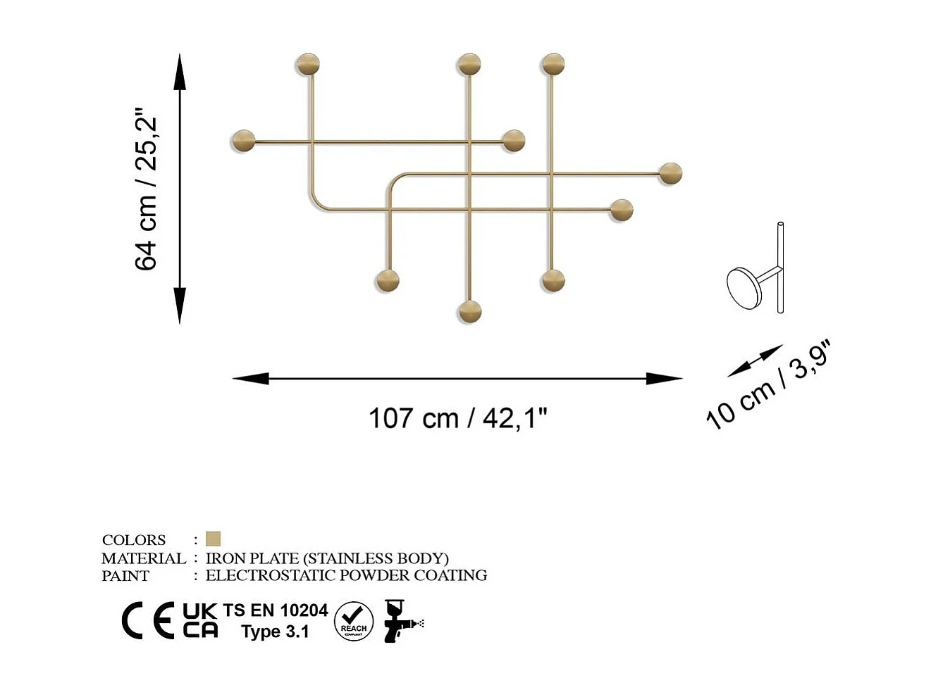 Cabideiro de parede com 9 ganchos em metal dourado H64 cm - SAMARA