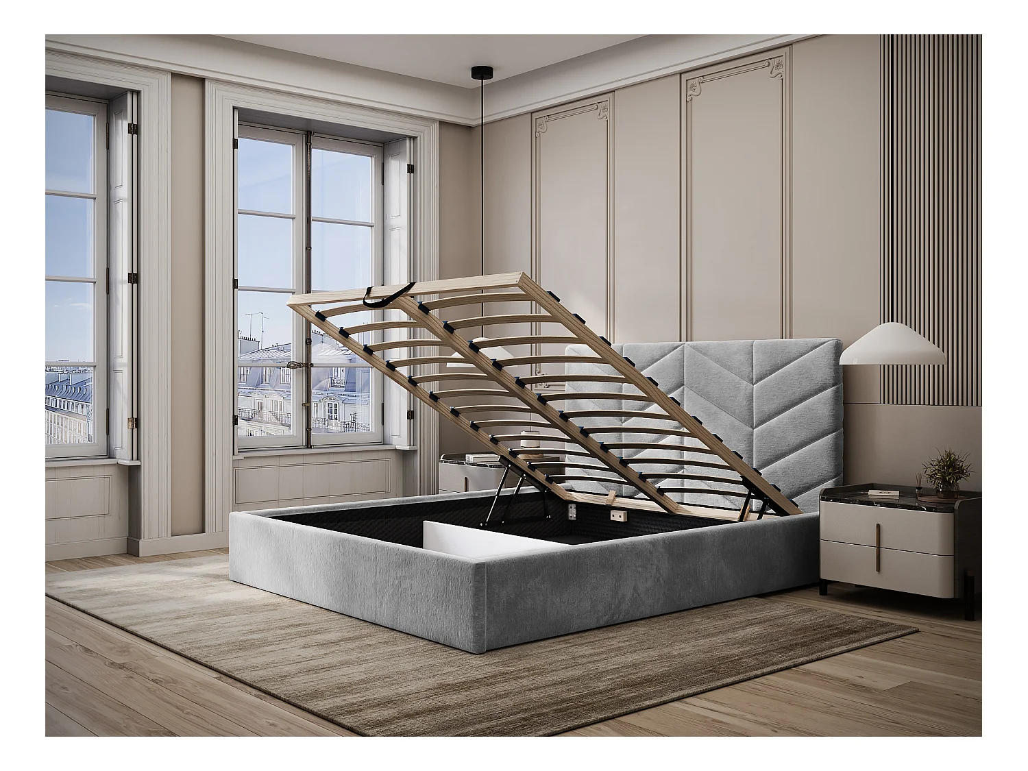 Bed met opbergruimte 180 x 200 cm - Stof met textuur - Grijs + matras - JUSTANI